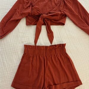 SHEIN Rust Shorts & Tie Blouse Set